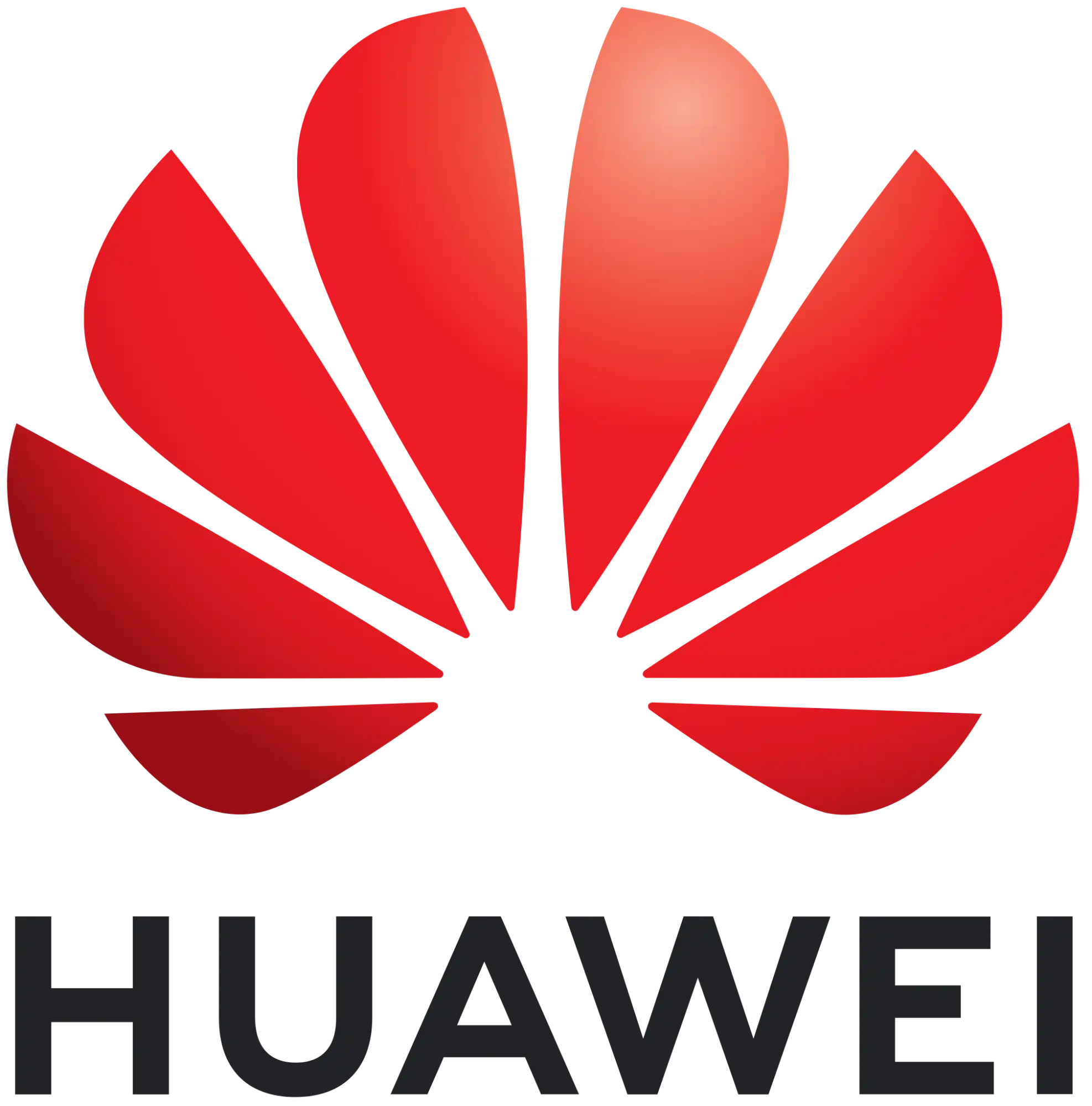 Rotes fächerförmiges Logo über dem Wort HUAWEI in schwarzen Buchstaben.